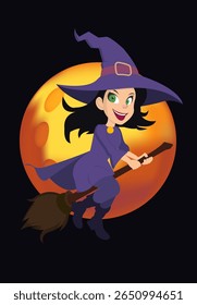 Vector Halloween witch flying on broomstick in front of full moon. Orange and purple color palette. All elements on separate layers: character, moon, and background. Easy to edit and use in compositio
