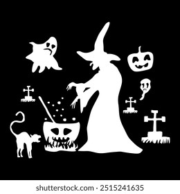  Vector Halloween witch graphic silhouette in the graveyard with evils and angry cat, black and white pattern for Halloween element design.