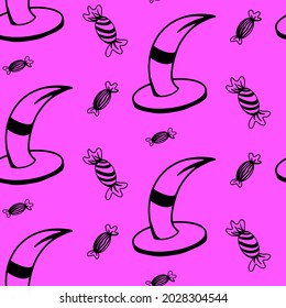Vector halloween witch hat, candies seamless pattern background. Funny and cute illustration for seasonal design, textile, decoration kids playroom or greeting card. Hand drawn prints and doodle.