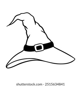 Vector Halloween witch hat illustration in line art style. Graphic monochrome drawing. Hand drawn outline sketch, engraved illustration. Design element for coloring book page, invitation, decoration.