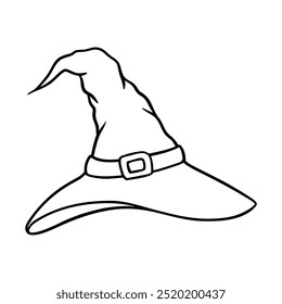Vector Halloween witch hat illustration in line art style. Graphic monochrome drawing. Hand drawn outline sketch, engraved illustration. Design element for coloring book page, invitation, decoration.