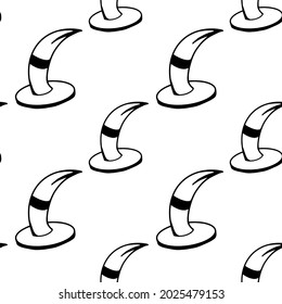 Vector halloween witch hat seamless pattern isolated on white background. Funny, cute illustration for seasonal design, textile, decoration kids playroom or greeting card. Hand drawn prints and doodle