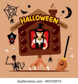 Vector Halloween Witch Hut Cartoon Illustration.