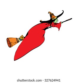 Vector Halloween witch. Witch icon on white background. Vector witch on broom hand drawn image. Halloween poster, banner, background, attributes