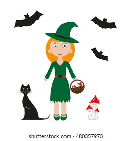 Vector halloween witch. Vector illustration bat, cat, girl