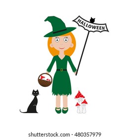 Vector halloween witch. Vector illustration bat, cat, letters, girl