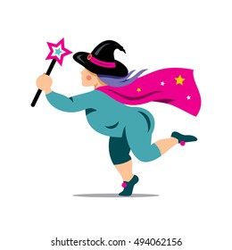 Vector Halloween Witch with magic wand Cartoon Illustration.