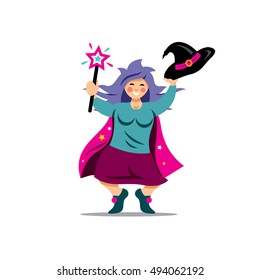 Vector Halloween Witch with magic wand Cartoon Illustration.