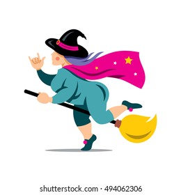 Vector Halloween Witch on a broomstick Cartoon Illustration.