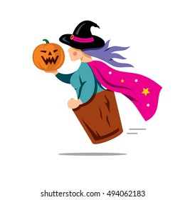 Vector Halloween Witch with pumpkin Cartoon Illustration.