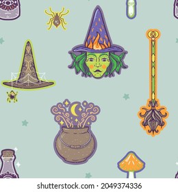 Vector Halloween Witchcraft on Light Dusty Green seamless pattern background. Perfect for fabric, scrapbooking and wallpaper projects.