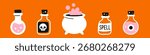 Vector halloween witchcraft potion set. Cute potion bottle, spell bottle, cauldron, isolated doodle clipart collection on orange background.