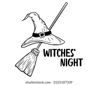 Ilustración de la noche de brujas de Halloween de Vector con sombrero de bruja y una escoba en estilo de arte de línea. Dibujo gráfico monocromo. Dibujado a mano boceto de contorno, ilustración grabada. Para colorear la página del libro