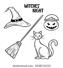 Vector Halloween witches night illustrations set with witch hat, broom, potion cauldron and a cat in line art style. Graphic monochrome drawing. Hand drawn outline sketch, engraved illustration.