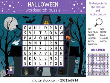 Vector Halloween wordsearch puzzle for kids. Simple crossword with haunted house and traditional scary objects for children. Educational keyword activity with funny witch, vampire, ghost, bat
