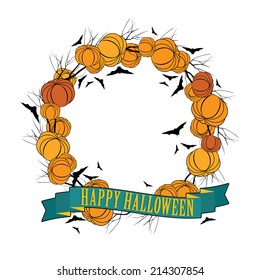 Vector Halloween wreath with pumpkin and bats