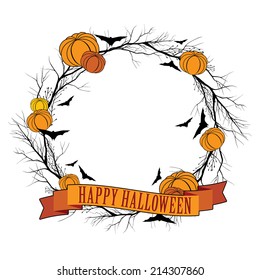 Vector Halloween wreath with pumpkin and bats