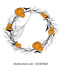 Vector Halloween wreath with pumpkin and bats