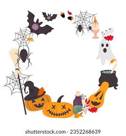 Vector Halloween wreath with witch hat, broom, cauldron, Jack latern, pumpkin, web, spider, ghost, candle, poison, bat.