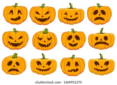 Vector halloweens pumpkin set illustration icons isolated on white background. Halloween holiday facial expressions spooky food