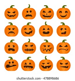 Vector halloweens pumpkin set illustration icons isolated on white background. Halloween holiday facial expressions spooky food