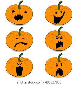 Vector halloweens pumpkin set illustration icons isolated on white background. Halloween holiday facial expressions spooky food