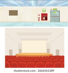 Vector del pasillo con herramientas de emergencia y auditorio en el Vector del edificio de oficinas