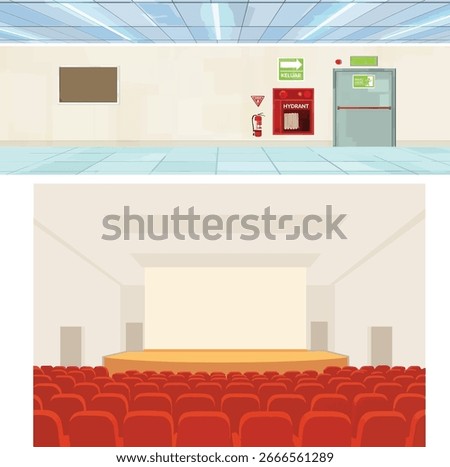 vector of hallway with emergency tools and auditorium in the office building vector