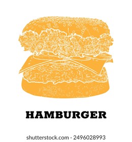 Vector ham burger hand drawn fast food with lettuce, pickled cucumber, cheese, onion, minced meat, bread bun. The vector is one united shape.