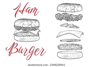 Vector ham burger line art hand drawn fast food with lettuce, cucumber, cheese, onion, minced meat, bread bun.