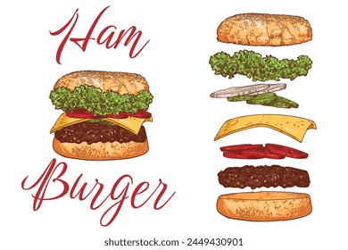 Vector ham burger line art hand drawn fast food with lettuce, cucumber, cheese, onion, minced meat, bread bun.