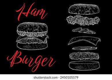 Vector ham burger line art hand drawn fast food with lettuce, cucumber, cheese, onion, minced meat, bread bun.