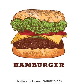 Vector ham burger line art hand drawn and colored fast food with lettuce, pickled cucumber, cheese, onion, minced meat, bread bun. Ingredients are grouped separately.