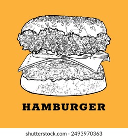 Vector ham burger line art hand drawn black outline and white fill. Fast food with lettuce, pickled cucumber, cheese, onion, minced meat, bread bun. Ingredients are grouped separate.