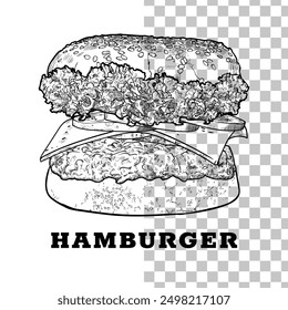 Vector ham burger line art hand drawn fast food with lettuce, pickled cucumber, cheese, onion, minced meat, bread bun. Black outline, no fill, with fine details. 