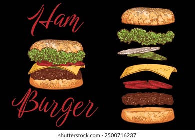 Vector ham burger line art hand drawn fast food with lettuce, cucumber, cheese, onion, minced meat, bread bun. Flying separate ingredients.