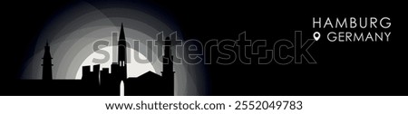 Vector Hamburg, Germany cityscape banner. Black and white placard profile picture for header, footer