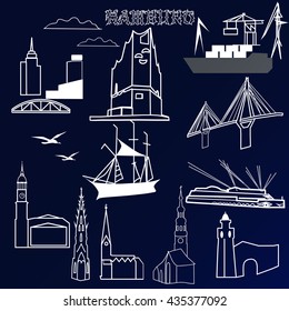 Vector hamburg set miniature with gothic lettering on the blue background for design