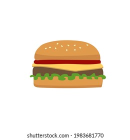 Vector hamburger. American cheeseburger with tomato, lettuce, cheese, beef and sauce. Fast food. Flat illustration