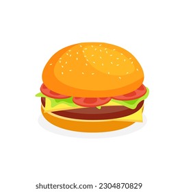 Vector hamburger. Burger with cheese, tomatoes, chop, lettuce etc. Fast food or junkfood meal. Illustration for menu design isolated on white background.