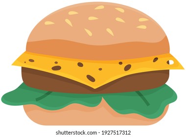 Vector hamburger with cheese, chop, lettuce in flat cartoon style. Illustration for design fast food menu. Burger isolated on white background icon, American cheeseburger with salad, beef and sauce