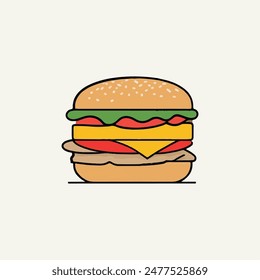 A vector of hamburger with cheese, lettuce, tomato, and bacon on a beige background