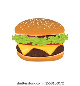 Vector Hamburger, Cheeseburger  Close up isolated on white Background. Fast Food