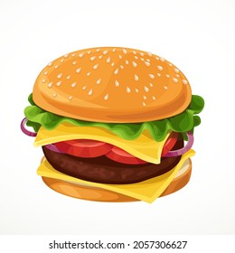 Vector hamburger with cutlet, cheese, lettuce, tomato and onion rings isolated on a white background