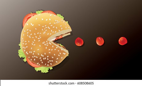 Vector Hamburger Eating Ketchup.