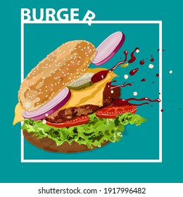 Vector hamburger falls. Fast food. 
Scatters, splashing on different sides. Breakdown into pieces. Fresh, tasty, isolated, any background. Use for postcards, signs, flyers. Advertising.