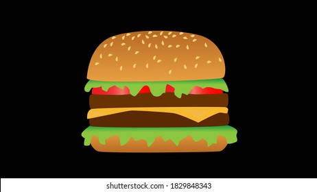 Icono de hamburguesa vectorial. Hamburguesa de queso con tomate lechuga y carne de queso de oveja aislada en un fondo negro. Comida rápida. Carne de ternera y verduras orgánicas frescas. Burger de dibujos animados desagradables