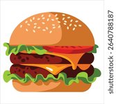 Vector hamburger, juicy and appetizing. Ideal for fast food logos, menus, and snack packaging.