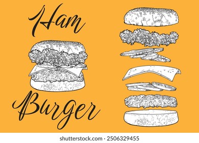 Vector hamburger line art hand drawn and colored fast food with lettuce, pickled cucumber, cheese, onion, minced meat, bread bun. Ingredients are grouped separately.