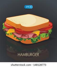 Vektor Hamburger mit Fleisch, Käse und Tomate. Elegantes Lebensmitteldesign